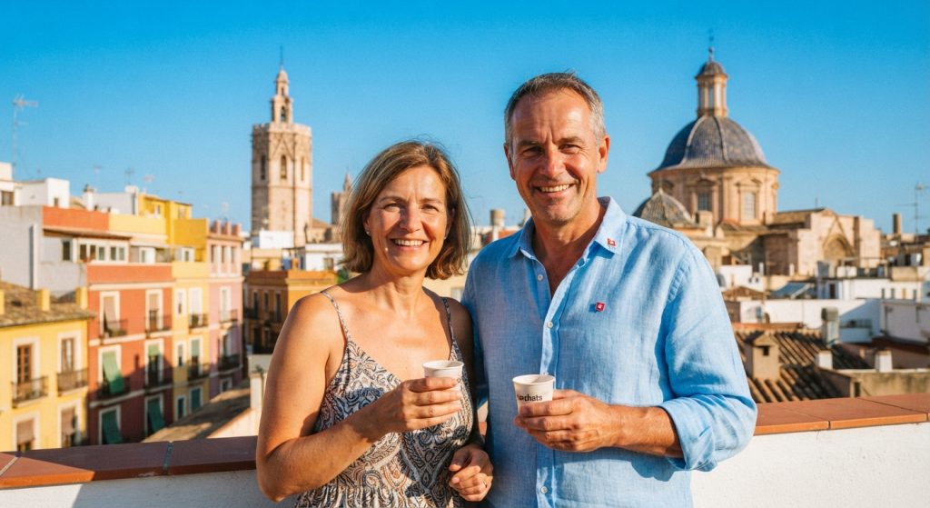 Pareja suiza disfrutando de vistas en Valencia tras mudanza desde Berna